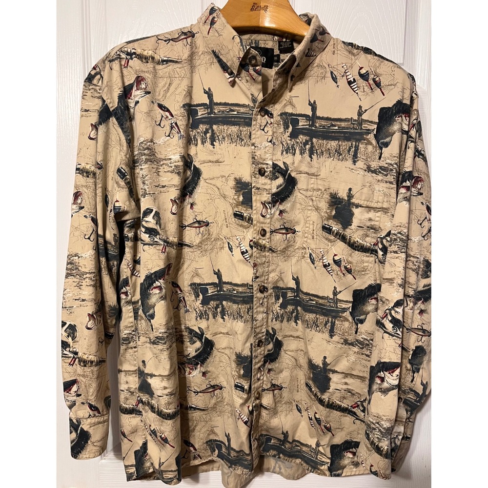 RedHead Mens XL Fishing Print Button Down Shirt Bass Lure Tan Cotton Long Sleeve